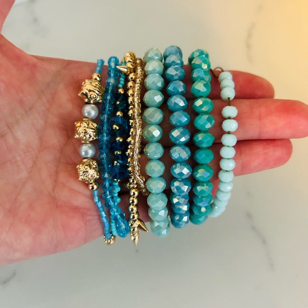 Blue And Gold Beaded Bracelet Stack Set - image 1
